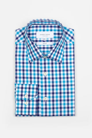 HARDY AMIES HA430SF CHECK SHIRT - Aqua