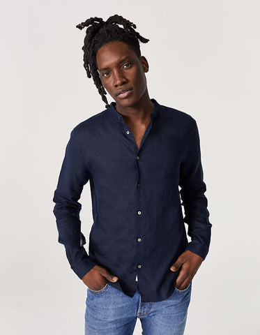 MECHMOTO 2402LS03C Chinese Collar Linen Shirt - Navy