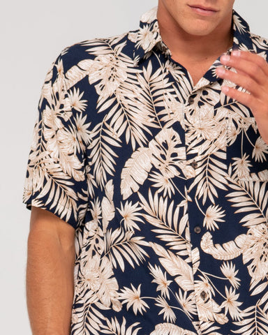 RUSTY Line Up Relaxed Fit Short Sleeve Shirt - Navy Blue
