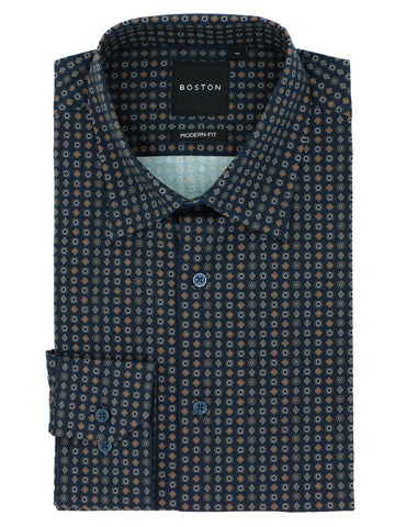 BOSTON Lennox W26BC711L Geometric Tile Printed Stretch Shirt - Navy