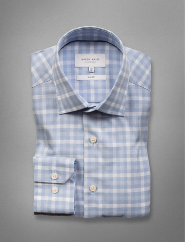 Hardy Amies 356SF Classic Light Blue Check LS Business Shirt