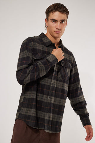 BRIXTON Bowery Long Sleeve Flannel Shirt - Black Charcoal